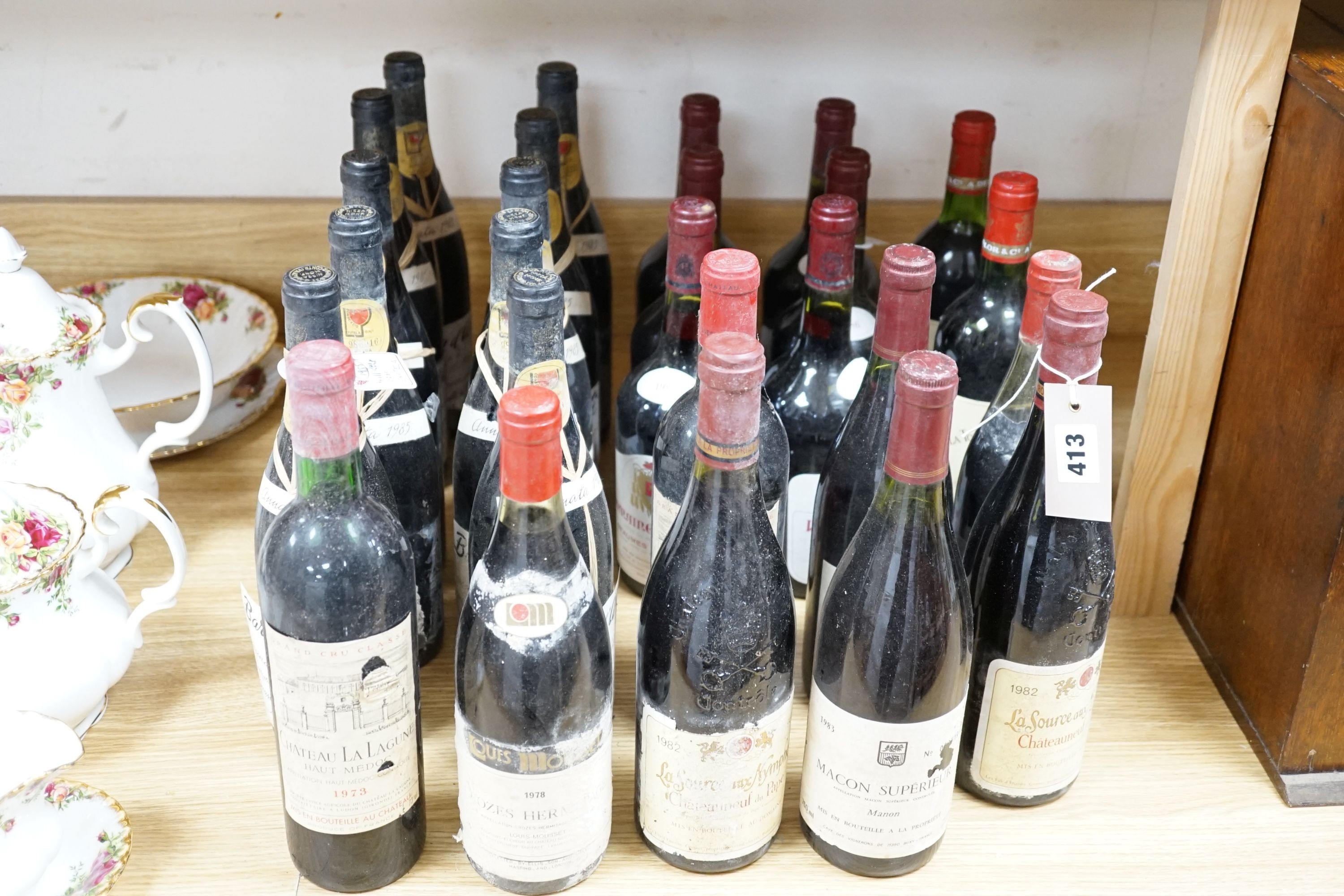 26 bottles of mixed red wines, 10 bottles Barbera D'Asti 1985, 6 bottles of Domaine de Coyeux 1986, 2 bottles of Chateauneuf du Pape 1982 etc